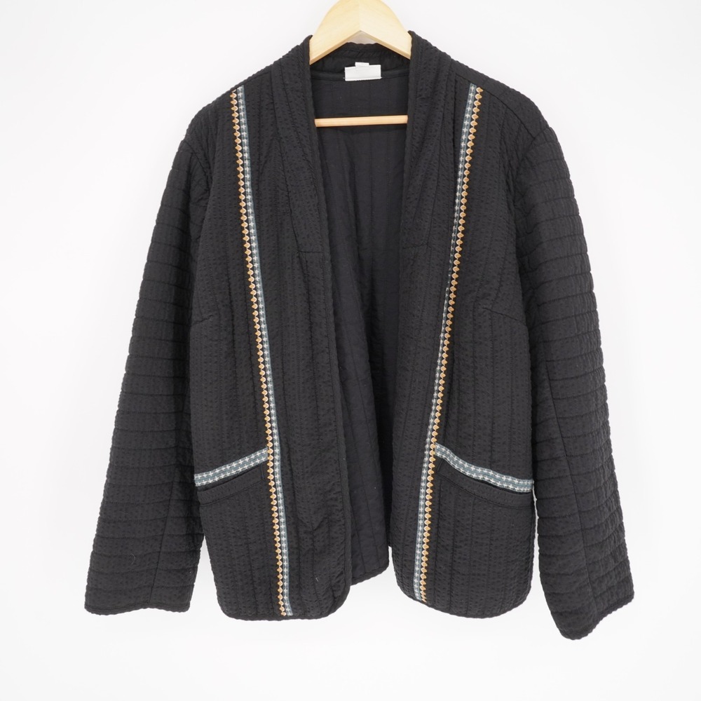 J Jill Pure Jill Quilted Open Jacket Womens XL Black Trim Pockets Cotton India